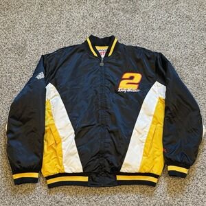 Vintage Rusty Wallace NASCAR Jacket Mens Large Black Yellow Racing Nutmeg 90s